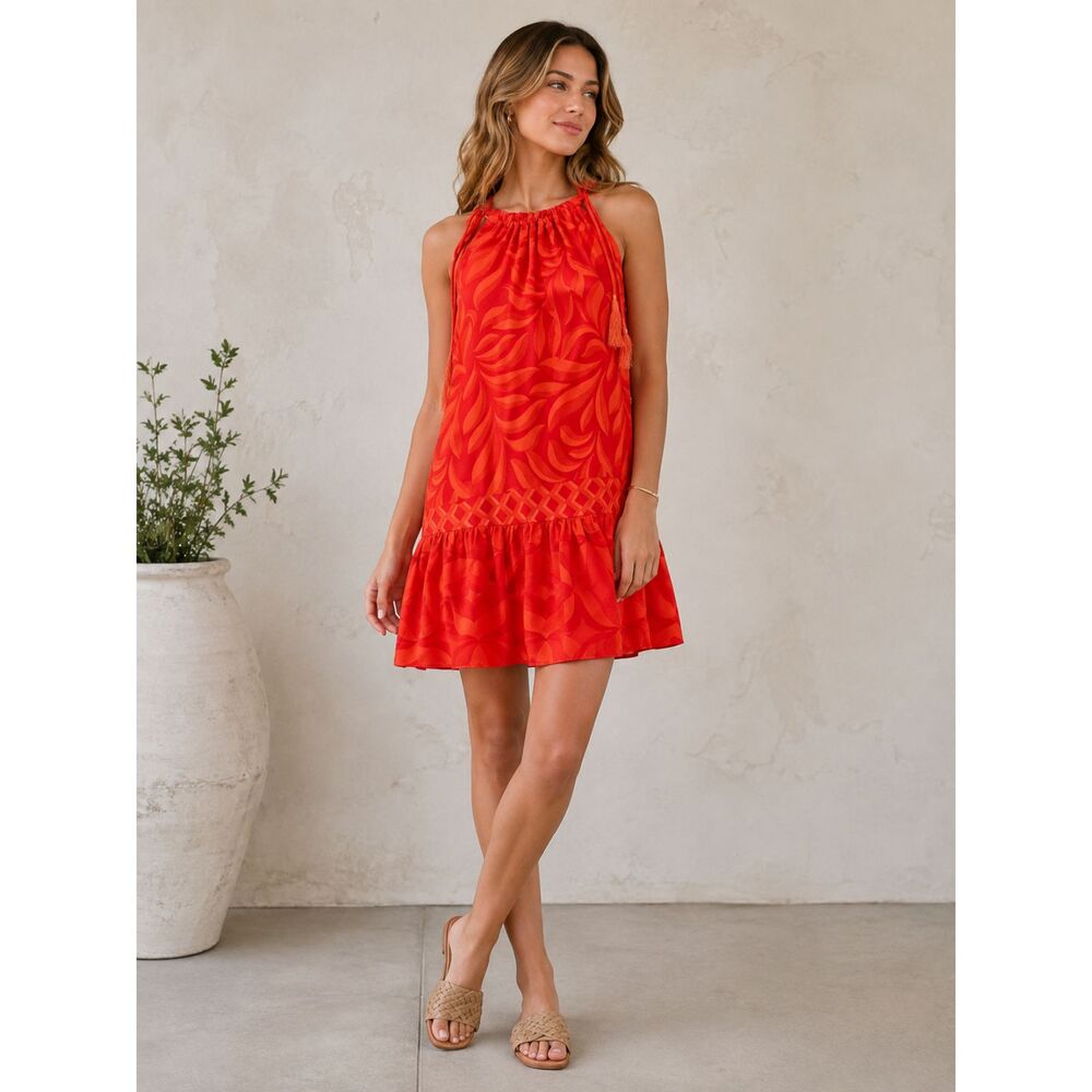 Medum like new dress Boho  Red Orange Halter Above Geometric Retro Print Ruff